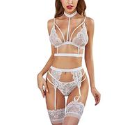 Dinglong String Sexy de pute Ensemble de Lingerie de Couleur Unie avec jarretière en Dentelle avec Soutien-Gorge à Bretelles Amovible et Ensemble de Culotte sans Bas String Sexy de pute (White, L)