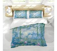 DINGSION Claude Monet Style Housse de Couette Set 3 pièces Nymphéas Literie en Microfibre légère Set pour Chambre avec 2 oreillers Shams 4 Cravates 180 x 220 cm