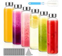 Dinhauyon 6 bouteilles de jus en verre, bouteille d'eau claire de 500 ml, pot à jus étanche avec couvercle hermétique en acier inoxydable, brosse de nettoyage, entonnoir et plateau à glaces