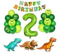 Dino Garçon Anniversaire Décoration Hélium Ballons Vert Dinosaure Jungle Animal Avec Ballon Numéro 2 Enfant Garçon Joyeux Anniversaire Bannière Accessoires Fête
