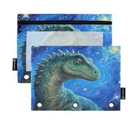 Dino Under Sky Lot de 2 trousses à crayons pour classeur à 3 anneaux Fermeture éclair lisse avec fenêtre en PVC transparent pour fournitures scolaires