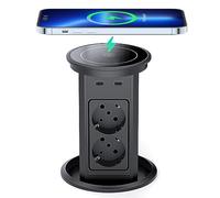 Dinolink Prise de table escamotable automatique avec 4 prises, 4 ports USB, charge sans fil 10 W, prise encastrable pour cuisine, bureau, câble de 1,8 m, diamètre 100 mm