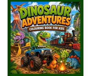 Dinosaur Adventures Coloring Book for Kids Ages 4-8: Fun Dinosaur Coloring Pages with Monster Trucks, Bulldozers, Trains, Volcanoes, Waterfalls & ... Stuffer for Boys and Girls Who Love Dinosaurs
