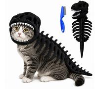 Dinosaur Skeleton Glow in Dark Cat Costume, Cat Pet Dinosaur Skeleton Costume, 3D Plush Halloween Cats Hood Outfit (Black,M)