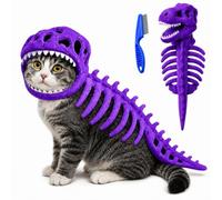 Dinosaur Skeleton Glow in Dark Cat Costume, Cat Pet Dinosaur Skeleton Costume, 3D Plush Halloween Cats Hood Outfit (Purple,S)