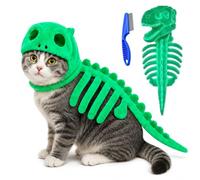 Dinosaur Skeleton Glow in Dark Cat Costume, Cat Pet Dinosaur Skeleton Costume, 3D Plush Halloween Cats Hood Outfit (Green,S)