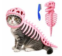 Dinosaur Skeleton Glow in Dark Cat Costume, Cat Pet Dinosaur Skeleton Costume, 3D Plush Halloween Cats Hood Outfit (Pink,L)