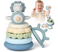 Dinosaur Stacking Tower Baby,Silicone Early Learning Games,Baby Teething Ring,Montessori Awakening Toy,Stackable Baby Rings,Gift For Boys 6 Months+,Set Of 7 Pieces