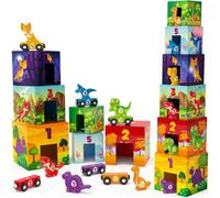 Dinosaur Stacking Toy,Montessori Wooden Toys with 6 Stacking Boxes & 6 Dinosaur & 6 Wooden Train,Learning Toy for Children,Gift for Baby 3 4 5 Years Old (B)
