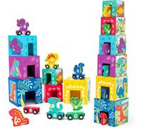 Dinosaur Stacking Toy,Montessori Wooden Toys with 6 Stacking Boxes & 6 Dinosaur & 6 Wooden Train,Learning Toy for Children,Gift for Baby 3 4 5 Years Old (A)