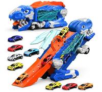 Dinosaure Camion Jouet avec 8 Voitures,Voitures Jouets pour Enfants de 3,4,5,6,7,8+Ans,Garage,Circuit de Course,Transforme en Dinosaure avec Ailes,Transporteur Camion,Cadeau d'anniversaire pour Garçon