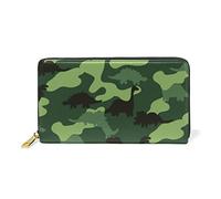 Dinosaure Camouflage Dessin Animé Vert Portefeuille Zipper Long Bourse en Cuir Véritable avec Titulaire de la Carte de Crédit pour Téléphone Femmes Fille Hommes