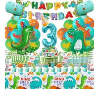Dinosaure Decoration Anniversaire Ballon,Dinosaurs Fête Déco 3 Ans,104 Pcs Jungle Vaisselle Set avec Nappe Assiette Gobelet,Dinosaure Anniversaire Enfant,Dino Ballons en Aluminium
