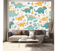 Dinosaure Dessin Animé Tapisserie Bleu-Vert Tenture Animaux Primitifs Décoration Murale Pour Chambre Dortoir Fête (150 X 200 Cm) Résistant À La Décoloration, Lavable