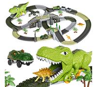 Dinosaure Jouet Piste de Course,281 Jouets Train de Dinosaures Cadeau pour Les Enfants de 3 4 5 6 Ans,Chemins de Fer Flexibles avec 4 Dinosaures,2 Voitures de Course électriques avec Lumières