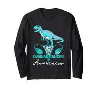 Dinosaure T-Rex Ruban de Sensibilisation au Cancer de l'ovaire Bleu Sarcelle Manche Longue