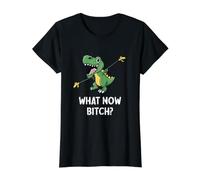 Dinosaure T-Rex Short Arms What Now Bitch T-Shirt Graphique avec Valeur, Femme, Noir, XS