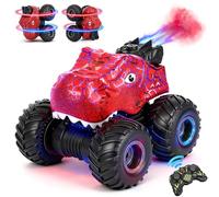 Dinosaure Voiture Telecommandé Enfant, Monster Trucks Télécommandés Rotation à 360° avec Spray, LED et Sons, 2.4GHz RC Voiture Jouet Cadeau Garçon 3-7 Ans (Rouge)