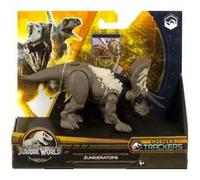 Dinosaure zuniceratops - jurassic world - dino extrême combat 19 cm - set animaux préhistorique trackers brun + 1 carte tigre