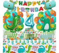 Dinosaures Ballon Anniversaire 4 Ans, Décoration et Vaisselle Set 104 Pcs avec Nappe Assiette Gobelet, Jungle Fête Déco pour Garçons Filles
