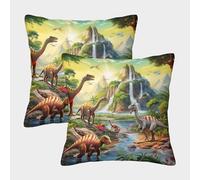 Dinosaures Park Coussin D'oreiller Lot De 2 Pour Fermeture Éclair Invisible Belle Taiesavec Fermeture Éclairpour Lavable Lit Chambre Salon Canapé Chaise Voiture Cadeau Anniversaire Fête 45x45cm