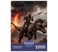 dinosaureses 1000 Pièces Papier Solide Puzzle Adultes Guerrier sur T-Rex Puzzle Portable Soirée Jeux Famille Stimulant Amusant Niveau Difficulté Équilibré 70x50cm/1000pcs