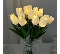 DINOWIN LED Veilleuse Fleur Tulipe artificielles Faux Tulipes Bouquet Lampe pour Mariage Fête Jardin Décoration (Blanc, 15 PCS)