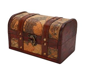 Dioche Boîte de Rangement en Bois Vintage Boîte en bois vintage, étui de rangement de bijoux, coffre au trésor fait à la main (carte)