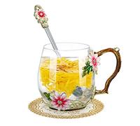 Dioche Ensemble de Tasses à Eau Colorées en émail - Motif Rose Rouge avec Cuillère, Chiffon de Nettoyage et Dessous de Verre, Ensemble Cadeau de Tasse à thé et à café en Verre Cristal Résistant à la