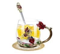 Dioche Ensemble de Tasses à Eau Colorées en émail - Motif Rose Rouge avec Cuillère, Chiffon de Nettoyage et Dessous de Verre, Ensemble Cadeau de Tasse à thé et à café en Verre Cristal Résistant à la