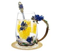 Dioche Ensemble de Tasses à Eau Colorées en émail - Motif Rose Rouge avec Cuillère, Chiffon de Nettoyage et Dessous de Verre, Ensemble Cadeau de Tasse à thé et à café en Verre Cristal Résistant à la