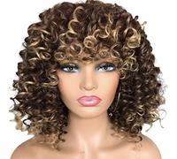 Dioche Perruques Afro Courtes Bou s pour Femmes Noires, Perruque Douce avec Frange, Cheveux Synthétiques Perte de Chaleur, Tenue Quotidienne de Fête Cosplay (Marron + Or)