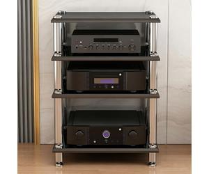 Diodceraic Rack Vidéo Audio 1/2/3/4-Tiers Support Stéréo Console Lecteur de Disque Cabinet Colonnes en Bois Massif & Pieds Métalliques Antivibratoires Équipement AV(Black,4 Tier)