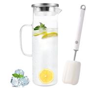 Diompirux Carafe en verre de 1,5 Litre, Transparent et résistant à la chaleur bouteille borosilicaté Avec Brosse et Couverture, Cruche en Verre avec Couvercle et Anse, pour Boisson Froide et Chaude