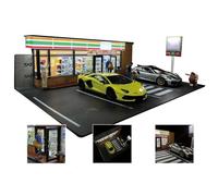 Diorama japonais de dépanneur à l'échelle 1/18 avec lumières USB et quatre emplacements de stationnement, modèle de scène de rue miniature pour photographie, décoration de bureau et cadeaux (voitures