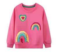 Dioshark Filles Sweatshirt Rose Rouge Coton Sweat Arc-en-Ciel Coeur Motif Enfant Sweat-Shirt à Manches Longues Paillettes Pulls sans Capuche Col Rond Léger Marcher Randonnée Vêtements pour 6-7 Ans