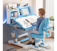 diowewea Bureau Enfant, Bureau et Chaise Réglable 3-18 Ans, Plateau 80cm, Correcteur Posture, Siège Ergonomique, Rangements, pour Fille et Garçon (Bleu)
