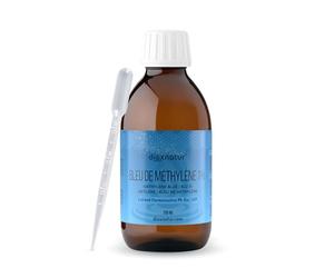 Dioxnatur ® Bleu de méthylène 1% USP Grade pharmaceutique 250 ml Étiquette FR Pipette intégrée haute pureté