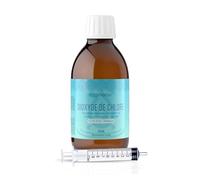 DIOXNATUR® Dioxyde de chlore 3000 ppm CDS 250 ml. Seringue de 10 ml incluse. Étiquette FR. Bouteille en verre ambré avec compte-gouttes