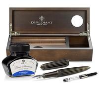 Diplomat Aero Oxyd Stylo-plume en laiton avec plume en acier inoxydable M avec encre dans un verre d'encre, convertisseur d'encre et plateau pour stylos en bois Wengé