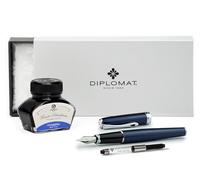 Diplomat Excellence A2 Midnight Blue Chrome, stylo-plume avec encre d'écriture et convertisseur, stylo-plume avec plume acier inoxydable force M, parure de stylos-plumes