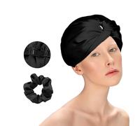 DIPZO Bonnet de nuit en satin réglable avec scrunchie en soie, Double couche pour cheveux bouclés, Bonnet de nuit pour protéger les cheveux (Noir)