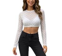 Dirndl Bluse Damen Weiß Dirndlbluse Langarm Mesh Transparent Slim Fit Elegant Spitzenbluse Hochgeschlossen Sexy Mode Trachtenbluse mit Stickerei für Oktoberfest Bierfest Karneval & Volksfeste, Blanc