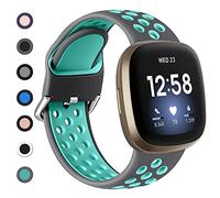Dirrelo Bracelet compatible avec Fitbit Versa 4/3/Sense 2/Sense, unisexe, en silicone respirant et imperméable, gris/bleu sarcelle, L