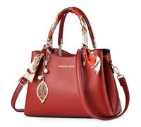 DIRRONA Mode Sac à Main Femme Élégant Sac à Bandoulière avec Ruban Travail Fête Voyage Affaires Moyen Sac Fourre Tout PU Cuir Imperméable Sac De Messager Exquis Feuille Pendentif Rouge