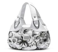 DIRRONA Sac à main en cuir synthétique imperméable pour femme Motif fleur, Blanc + Gris, L, Sac