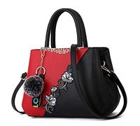 DIRRONA Sac à Main Femme Élégant - Sac Bandoulière Multicolore à Broderie Florale avec Pompon Mignon Imperméable - Idéal pour Le Travail Le Voyage la Soirée Le Mariage Rouge Rubis