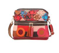 DIRRONA Sac Bandoulière Femme en cuir véritable - patchwork fait main format Moyen au design original - sac à main vintage coloré, idéal pour quotidien, travail et voyages Cercle Rose Orange