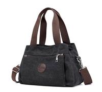 DIRRONA Sac Bandoulière Femme Grand en Toile Mode - Sac à Main Multi-Poches avec Bretelles Réglables, Style Vintage Antivol, Lavable, pour Travail, Shopping et Usage Décontracté Noir Classique