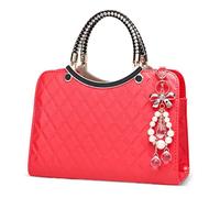 DIRRONA Sacs à Main Portés Main Femme en Cuir PU Motif Matelassé à Losanges avec Nœud Décoratif et Perles - Format Moyen Sac Bandoulière pour Femme, Soirée, Bureau et Usage Quotidien Rouge Corail